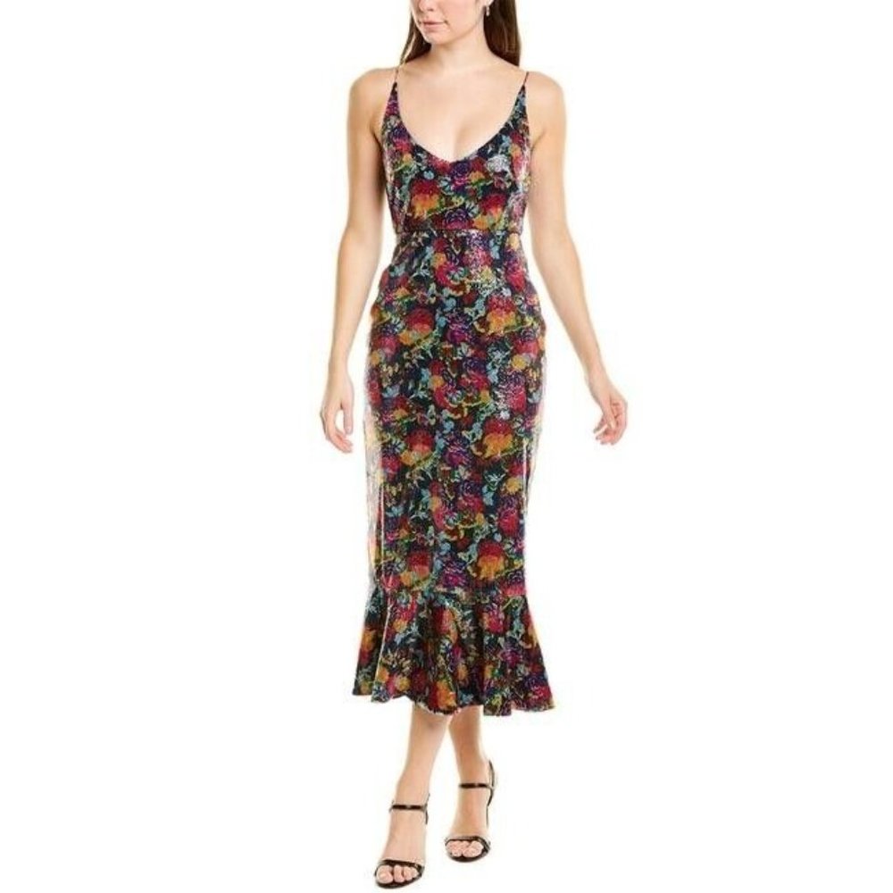NEW SALONI Aidan D Printed Sequin V-Neck Frill Hem Midi Cocktail Dress Sz 4 $795